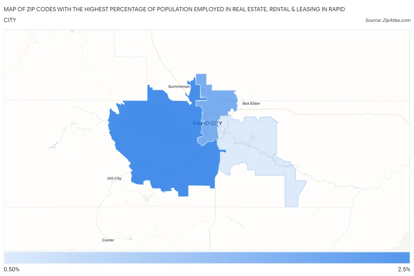 Zip Codes with the Highest Percentage of Population Employed in Real Estate, Rental & Leasing in Rapid City Map