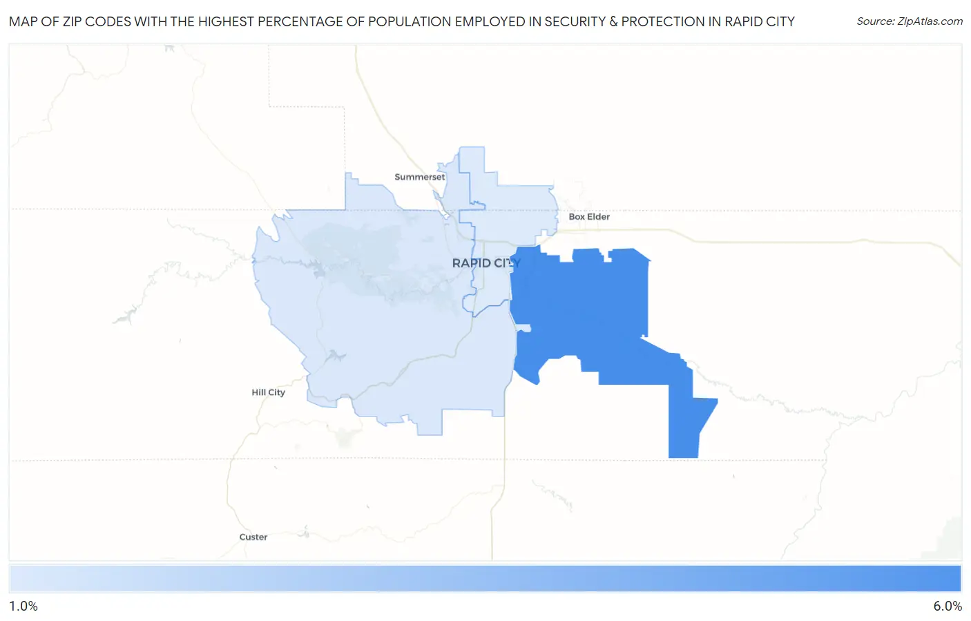 Zip Codes with the Highest Percentage of Population Employed in Security & Protection in Rapid City Map