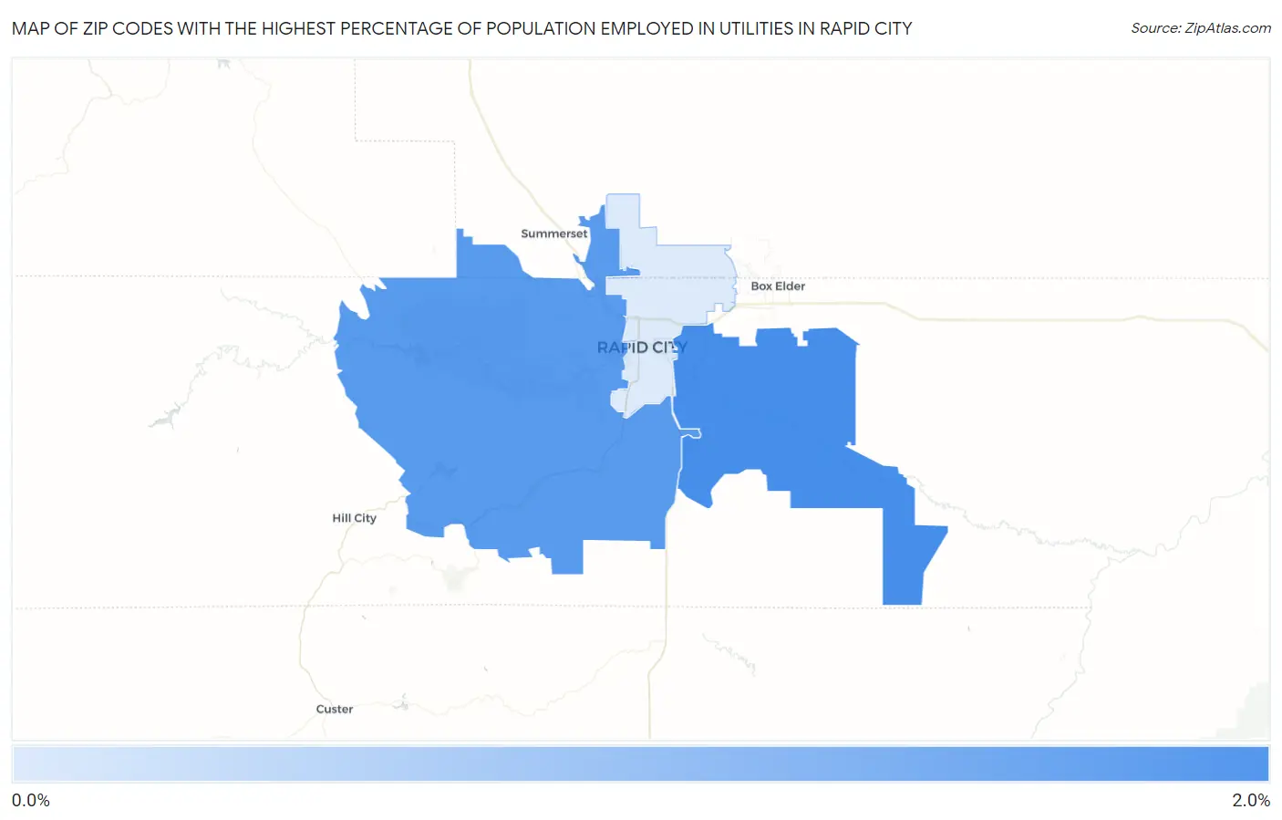 Zip Codes with the Highest Percentage of Population Employed in Utilities in Rapid City Map