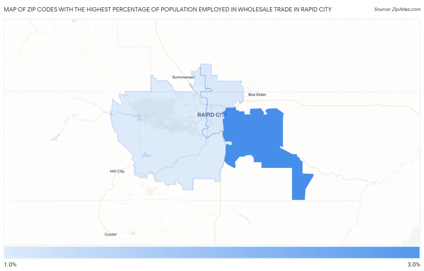 Zip Codes with the Highest Percentage of Population Employed in Wholesale Trade in Rapid City Map