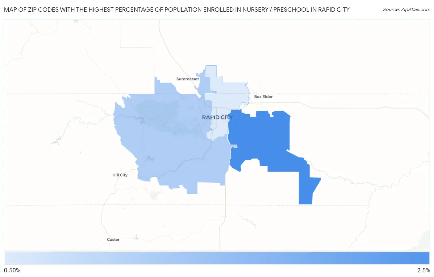 Zip Codes with the Highest Percentage of Population Enrolled in Nursery / Preschool in Rapid City Map