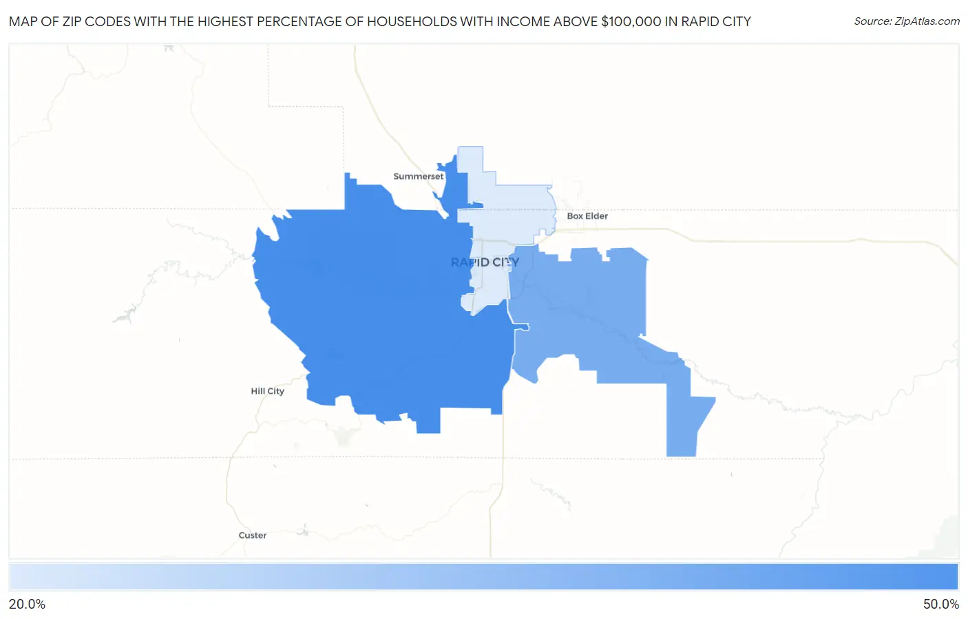 Zip Codes with the Highest Percentage of Households with Income Above $100,000 in Rapid City Map