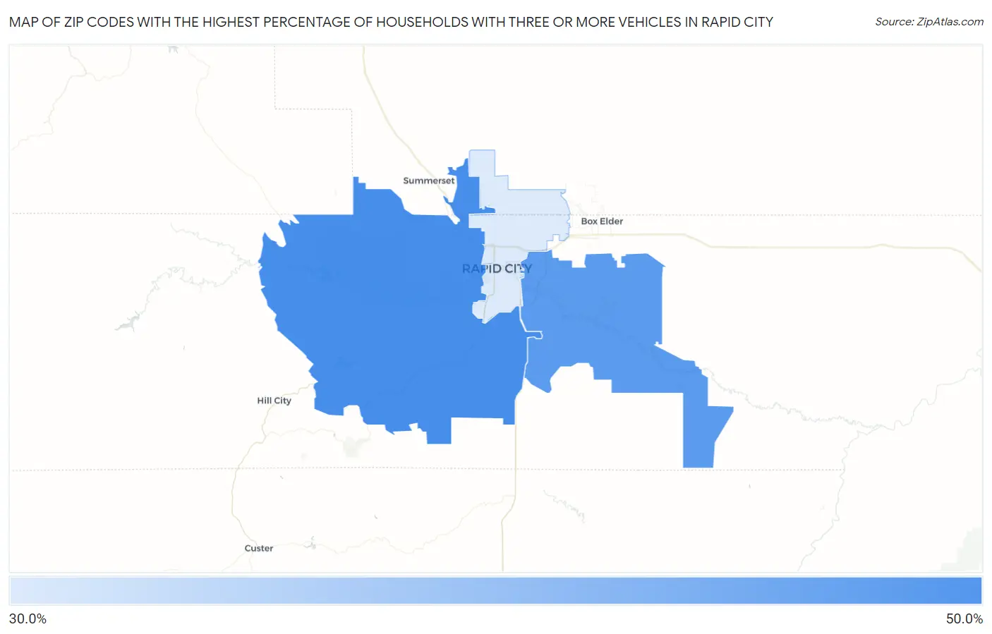 Zip Codes with the Highest Percentage of Households With Three or more Vehicles in Rapid City Map