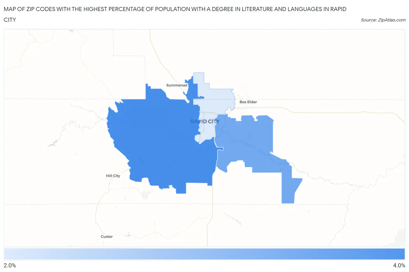 Zip Codes with the Highest Percentage of Population with a Degree in Literature and Languages in Rapid City Map