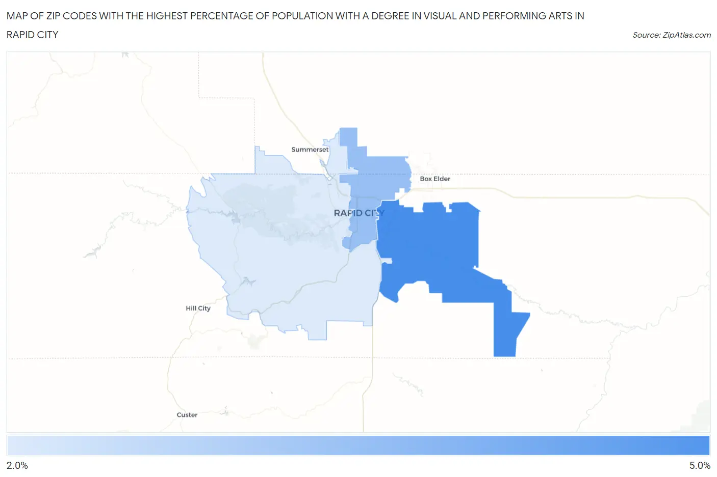 Zip Codes with the Highest Percentage of Population with a Degree in Visual and Performing Arts in Rapid City Map