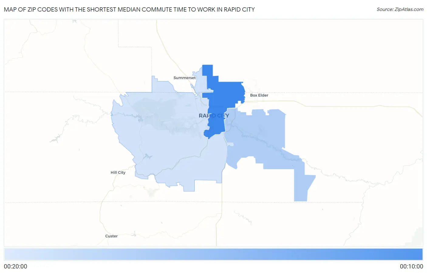 Zip Codes with the Shortest Median Commute Time to Work in Rapid City Map