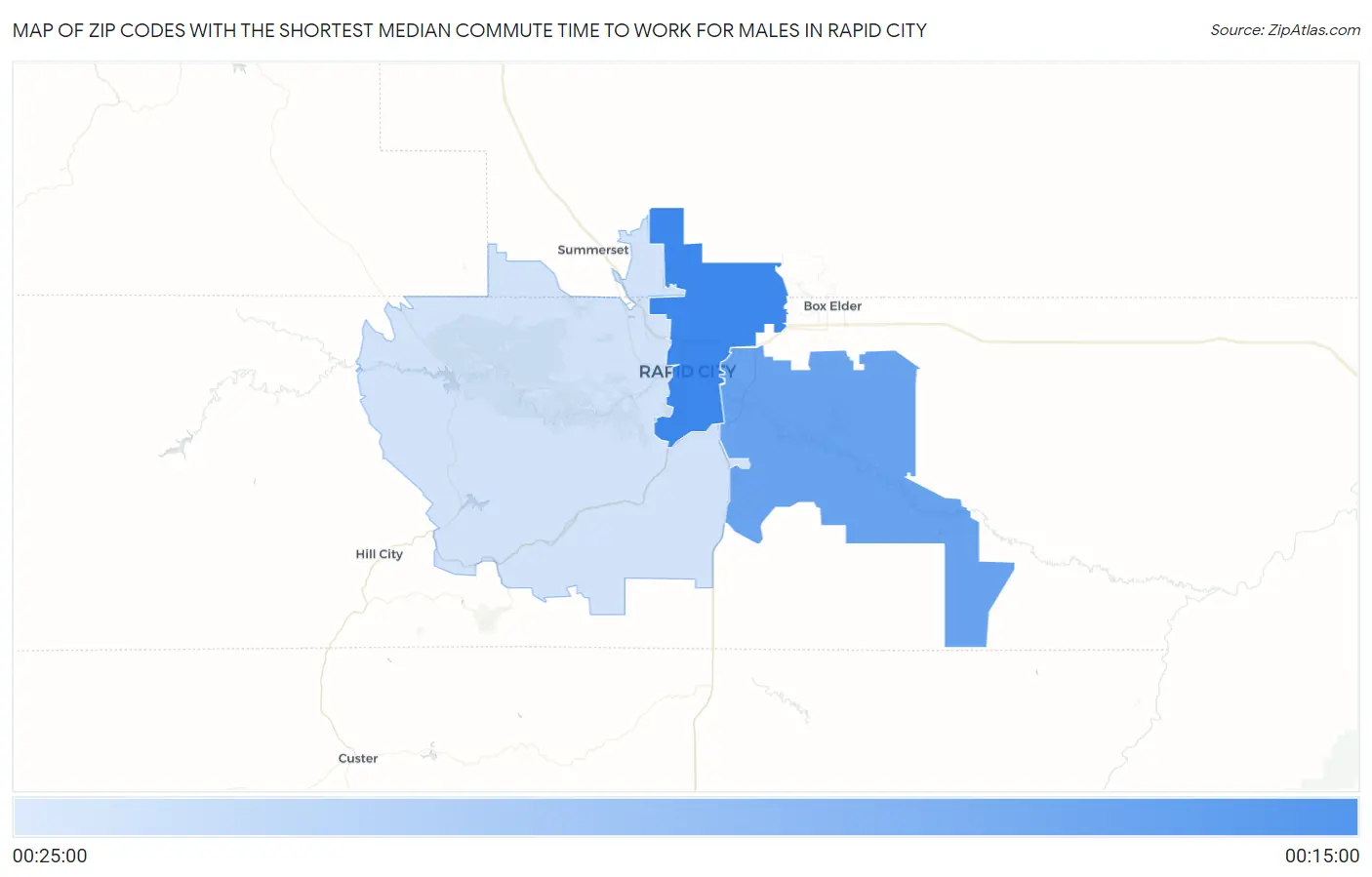 Zip Codes with the Shortest Median Commute Time to Work for Males in Rapid City Map