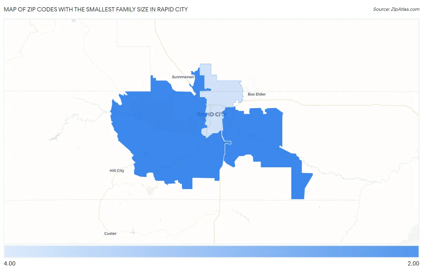 Zip Codes with the Smallest Family Size in Rapid City Map