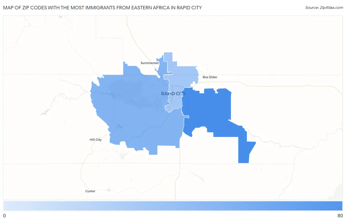 Zip Codes with the Most Immigrants from Eastern Africa in Rapid City Map