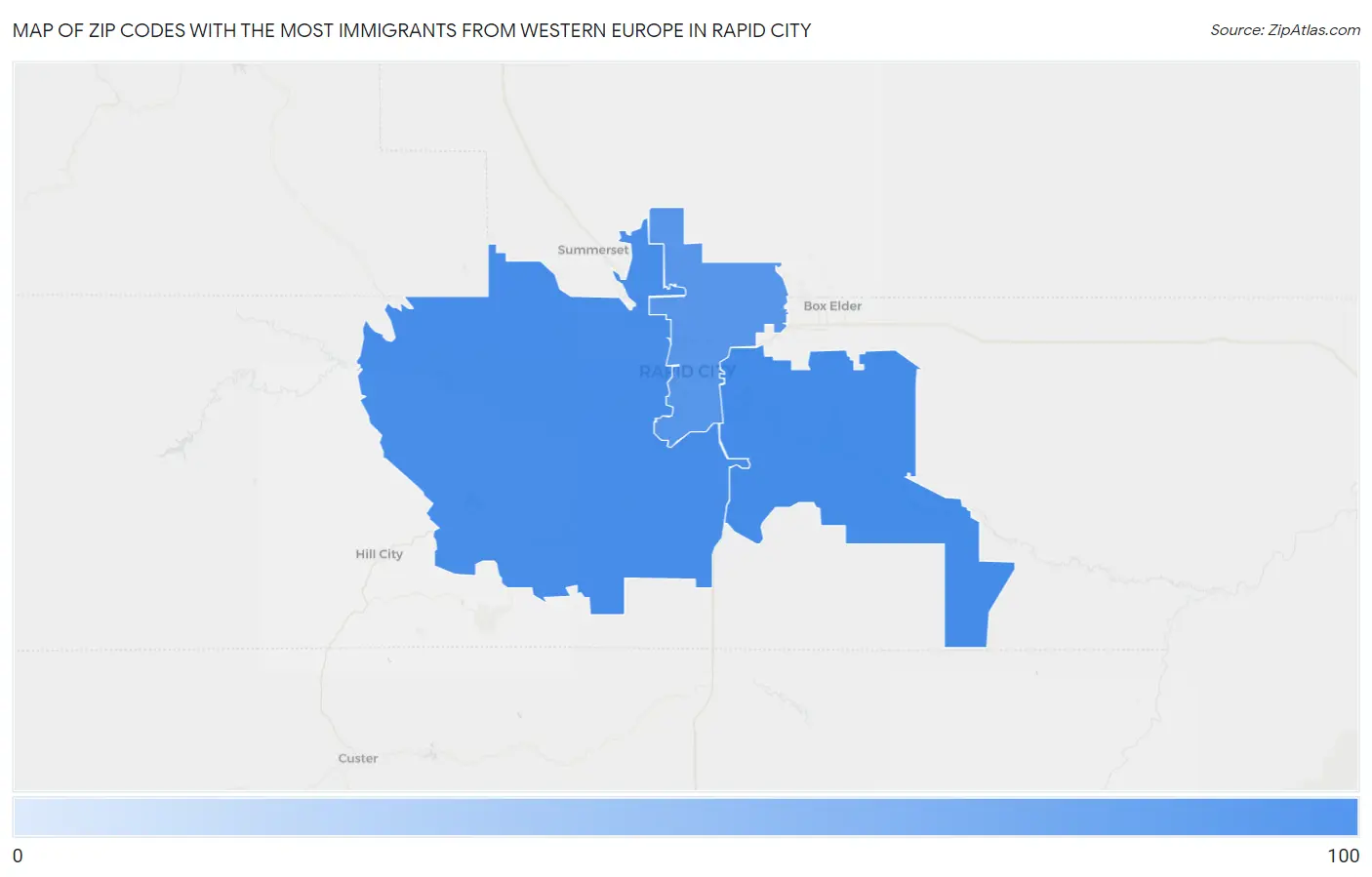 Zip Codes with the Most Immigrants from Western Europe in Rapid City Map