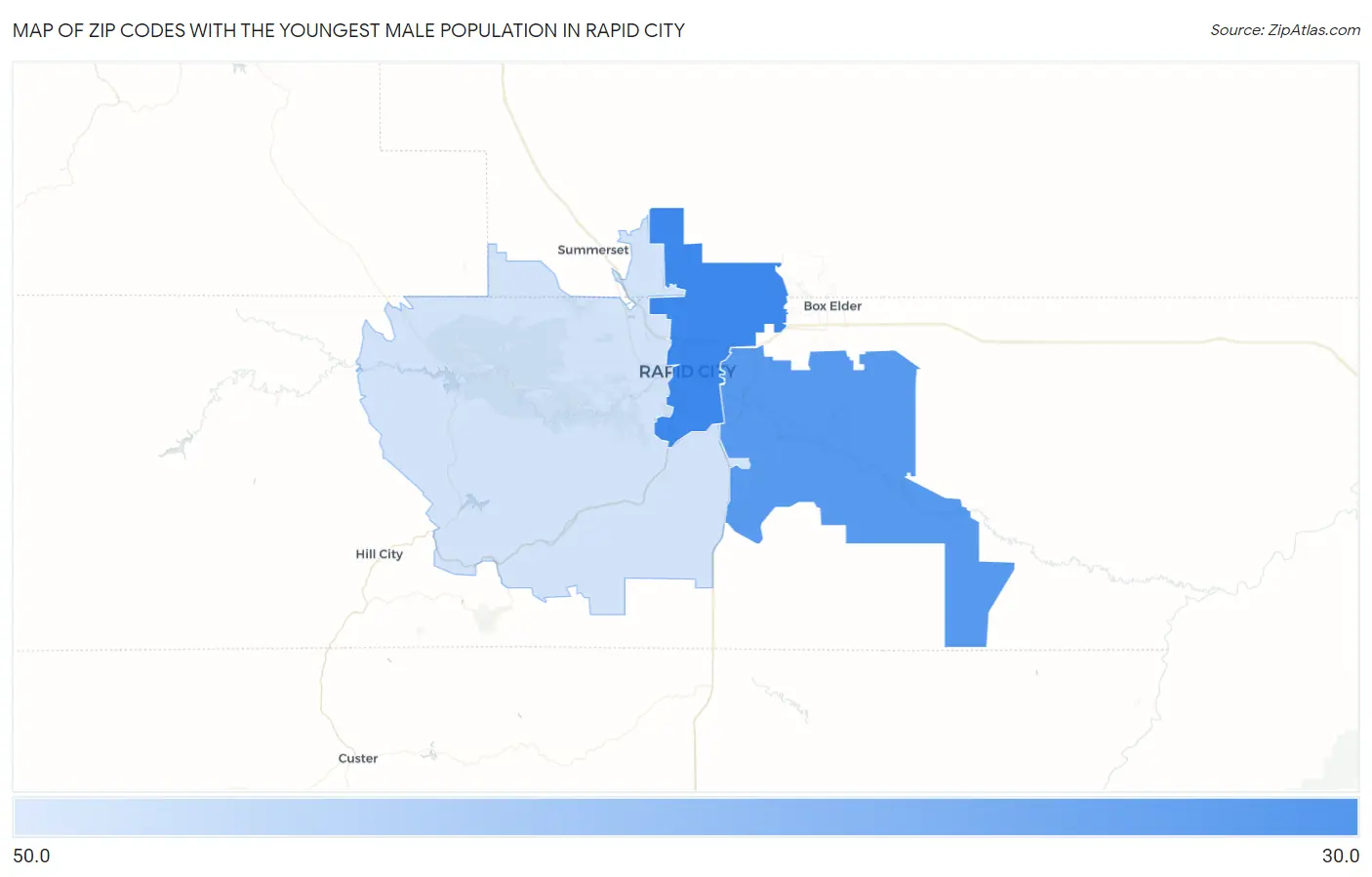 Zip Codes with the Youngest Male Population in Rapid City Map