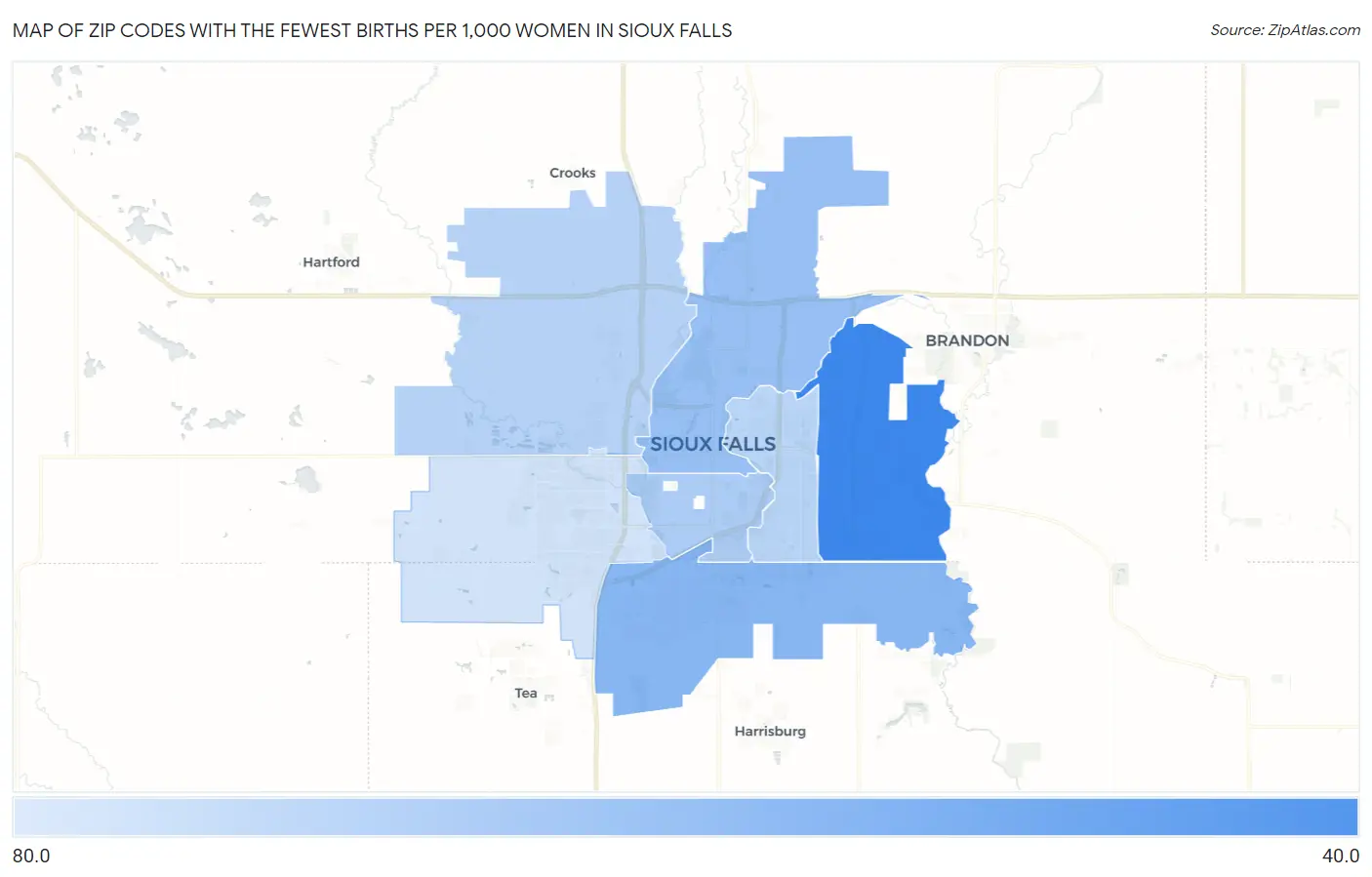 Zip Codes with the Fewest Births per 1,000 Women in Sioux Falls Map