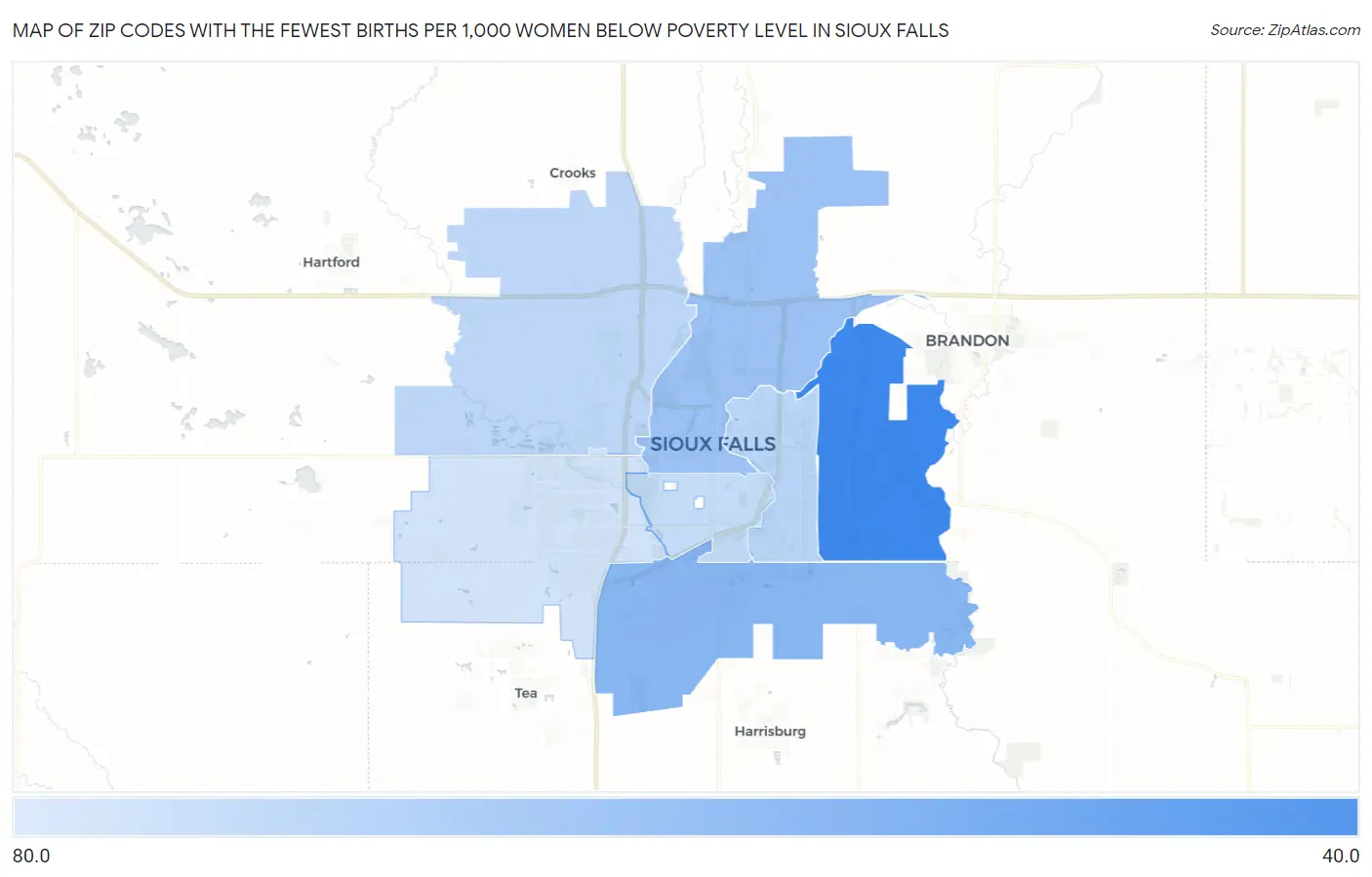 Zip Codes with the Fewest Births per 1,000 Women Below Poverty Level in Sioux Falls Map