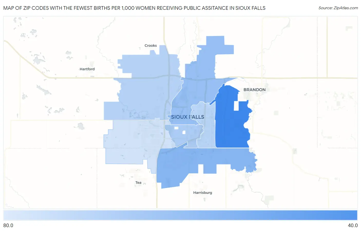 Zip Codes with the Fewest Births per 1,000 Women Receiving Public Assitance in Sioux Falls Map