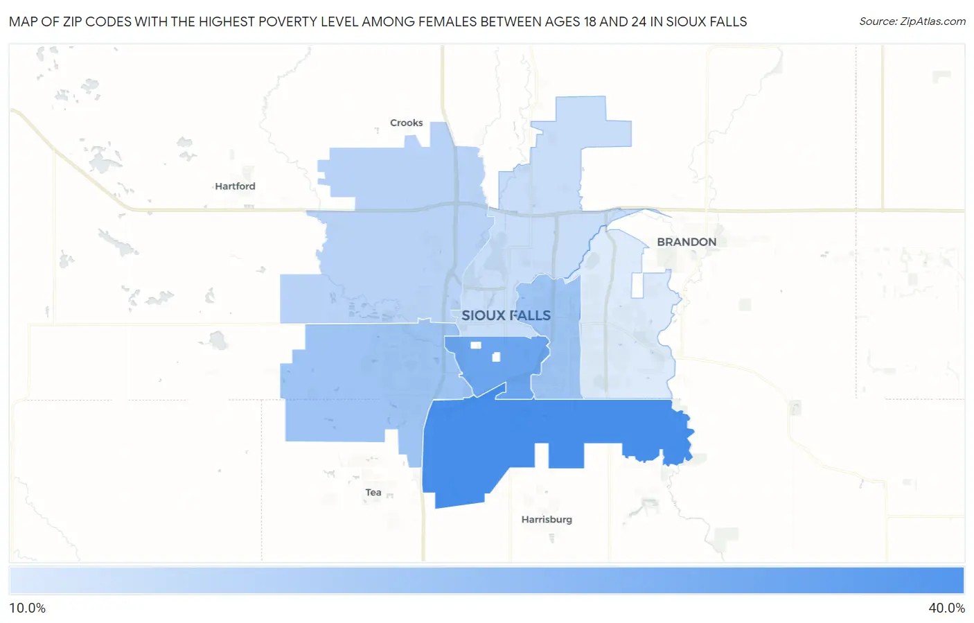 Zip Codes with the Highest Poverty Level Among Females Between Ages 18 and 24 in Sioux Falls Map