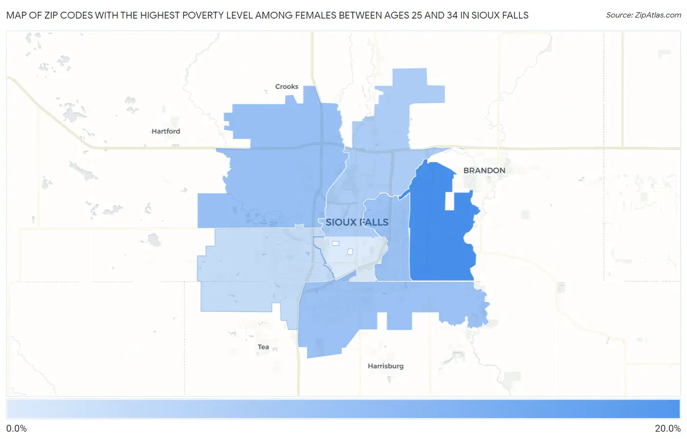Zip Codes with the Highest Poverty Level Among Females Between Ages 25 and 34 in Sioux Falls Map