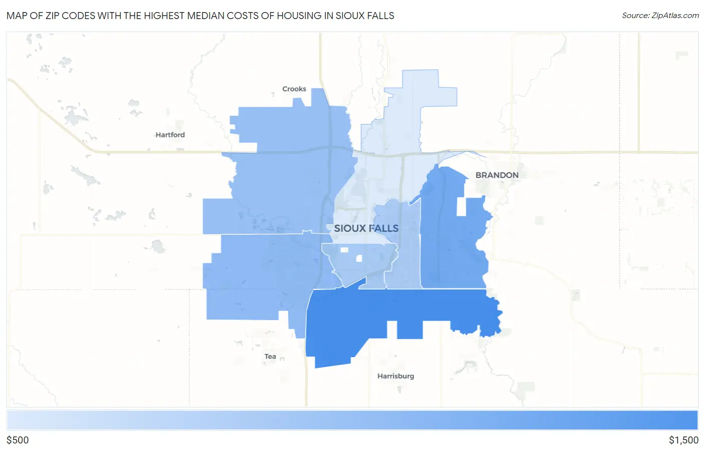 Zip Codes with the Highest Median Costs of Housing in Sioux Falls Map