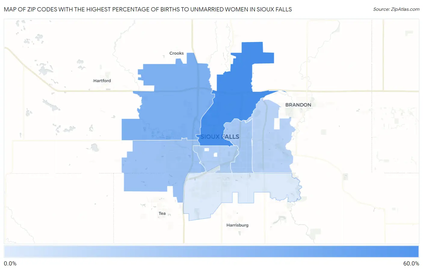 Zip Codes with the Highest Percentage of Births to Unmarried Women in Sioux Falls Map
