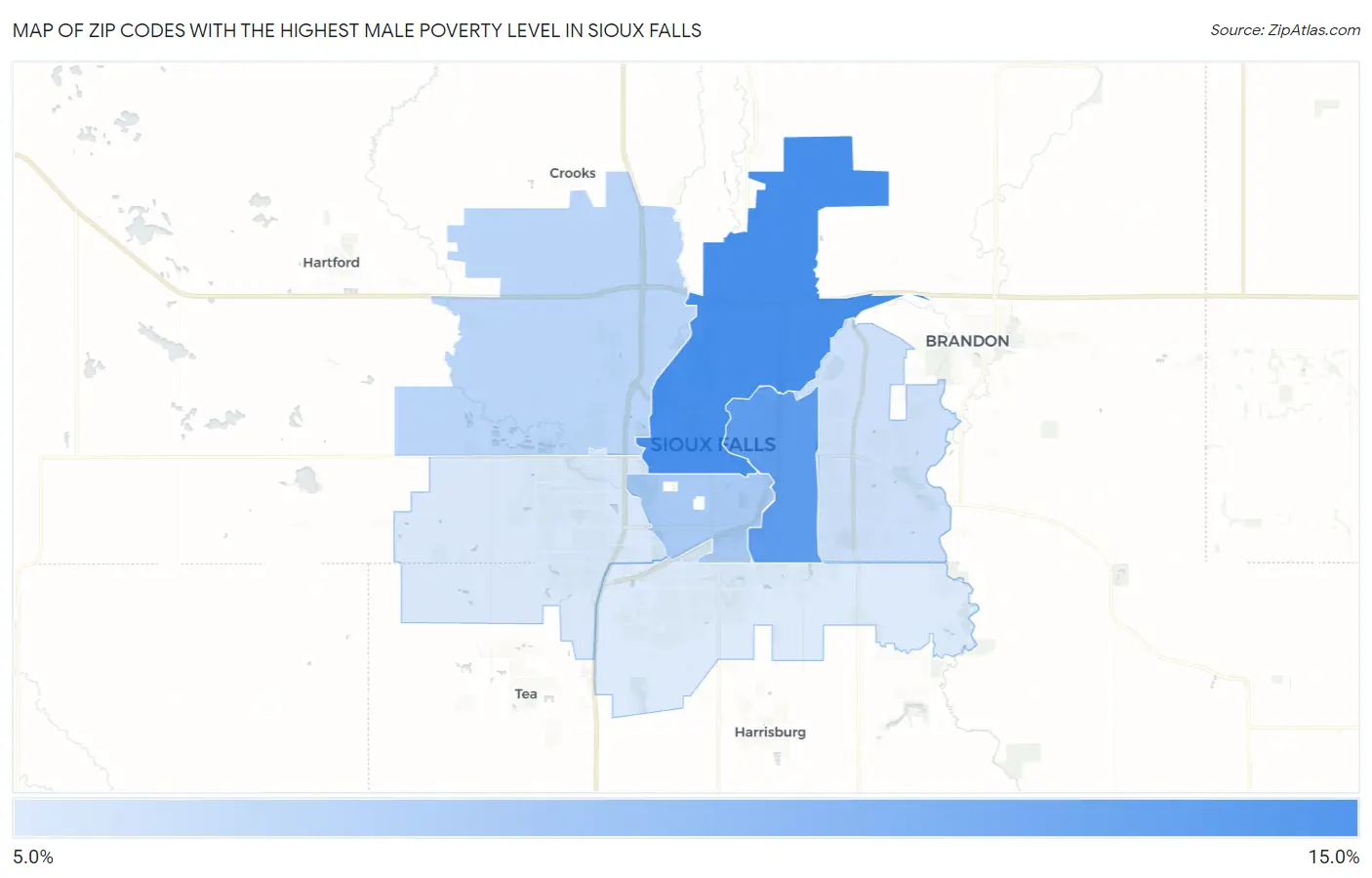 Zip Codes with the Highest Male Poverty Level in Sioux Falls Map