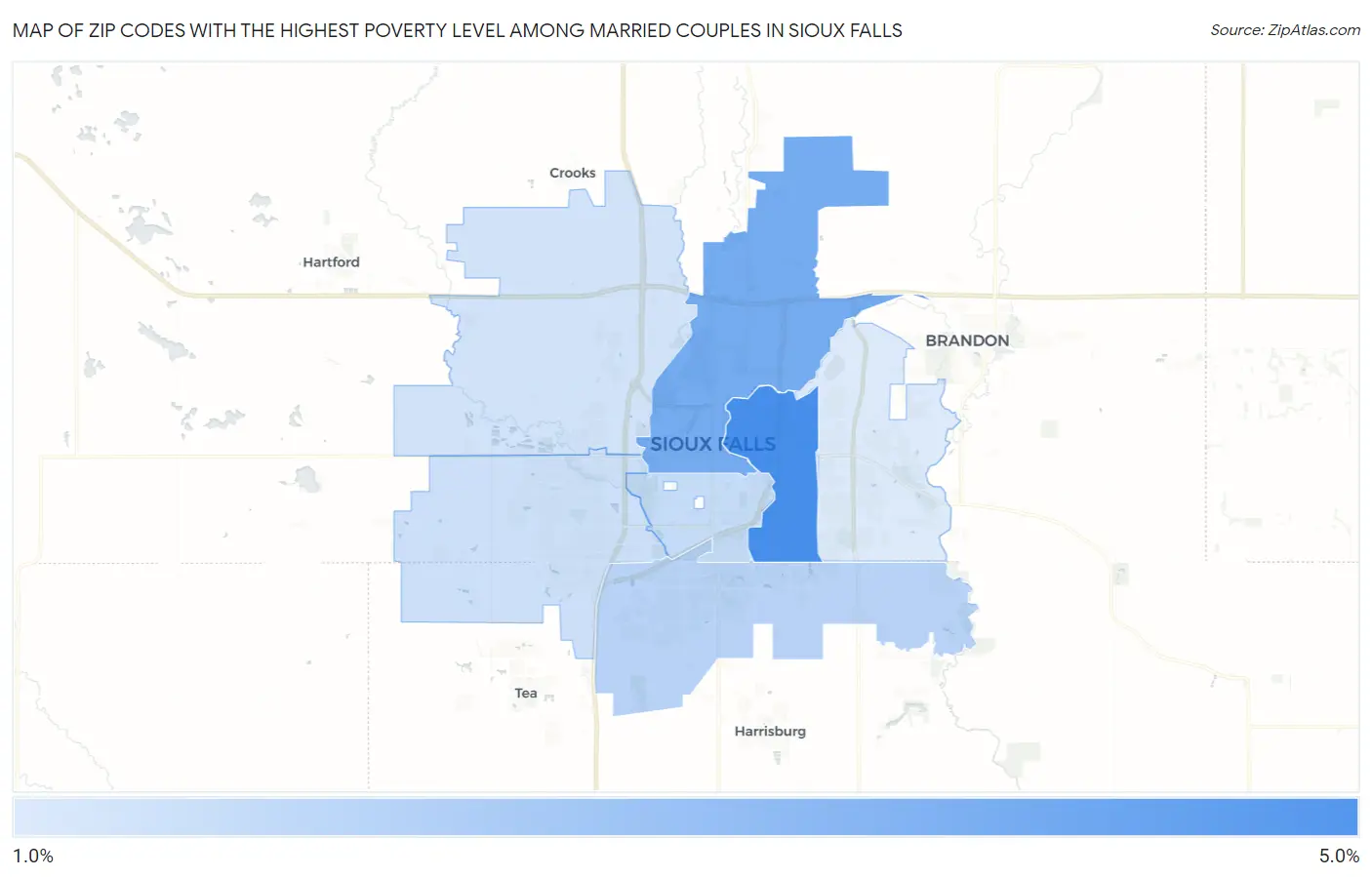 Zip Codes with the Highest Poverty Level Among Married Couples in Sioux Falls Map