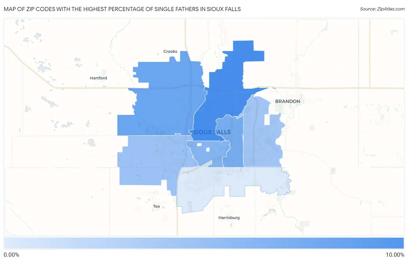 Zip Codes with the Highest Percentage of Single Fathers in Sioux Falls Map