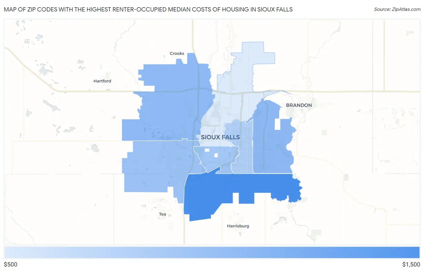Zip Codes with the Highest Renter-Occupied Median Costs of Housing in Sioux Falls Map