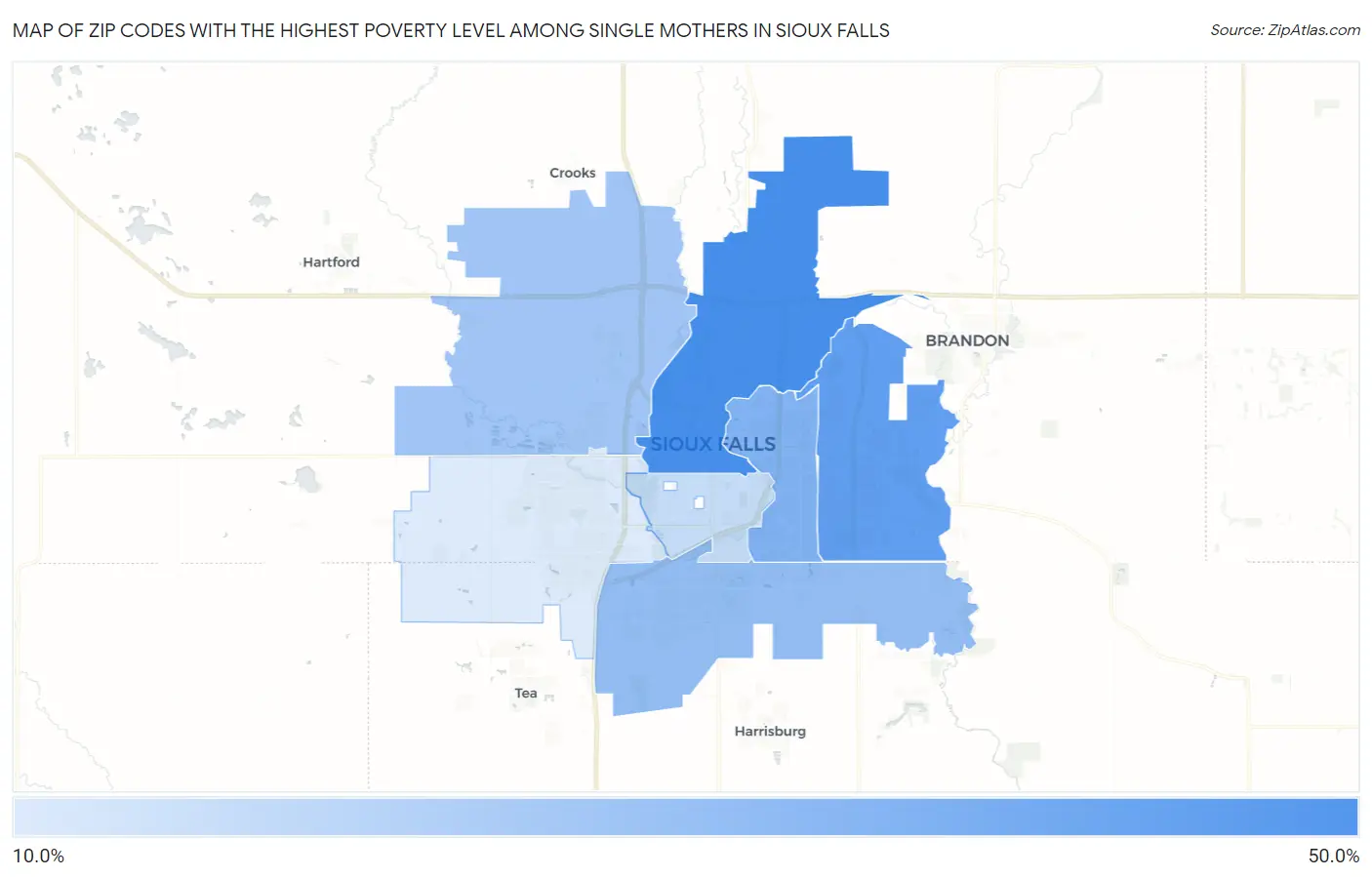 Zip Codes with the Highest Poverty Level Among Single Mothers in Sioux Falls Map
