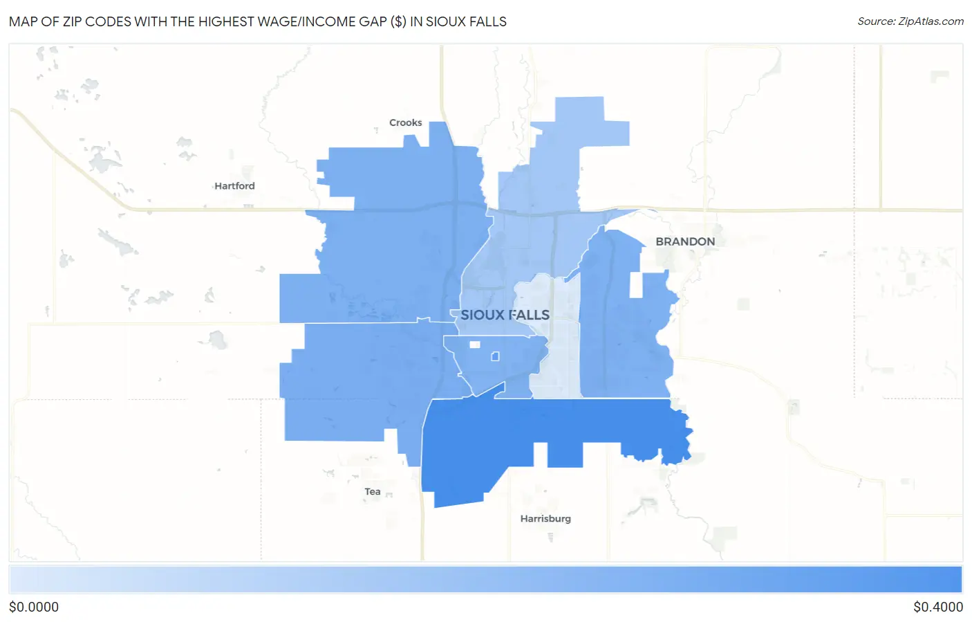 Zip Codes with the Highest Wage/Income Gap ($) in Sioux Falls Map