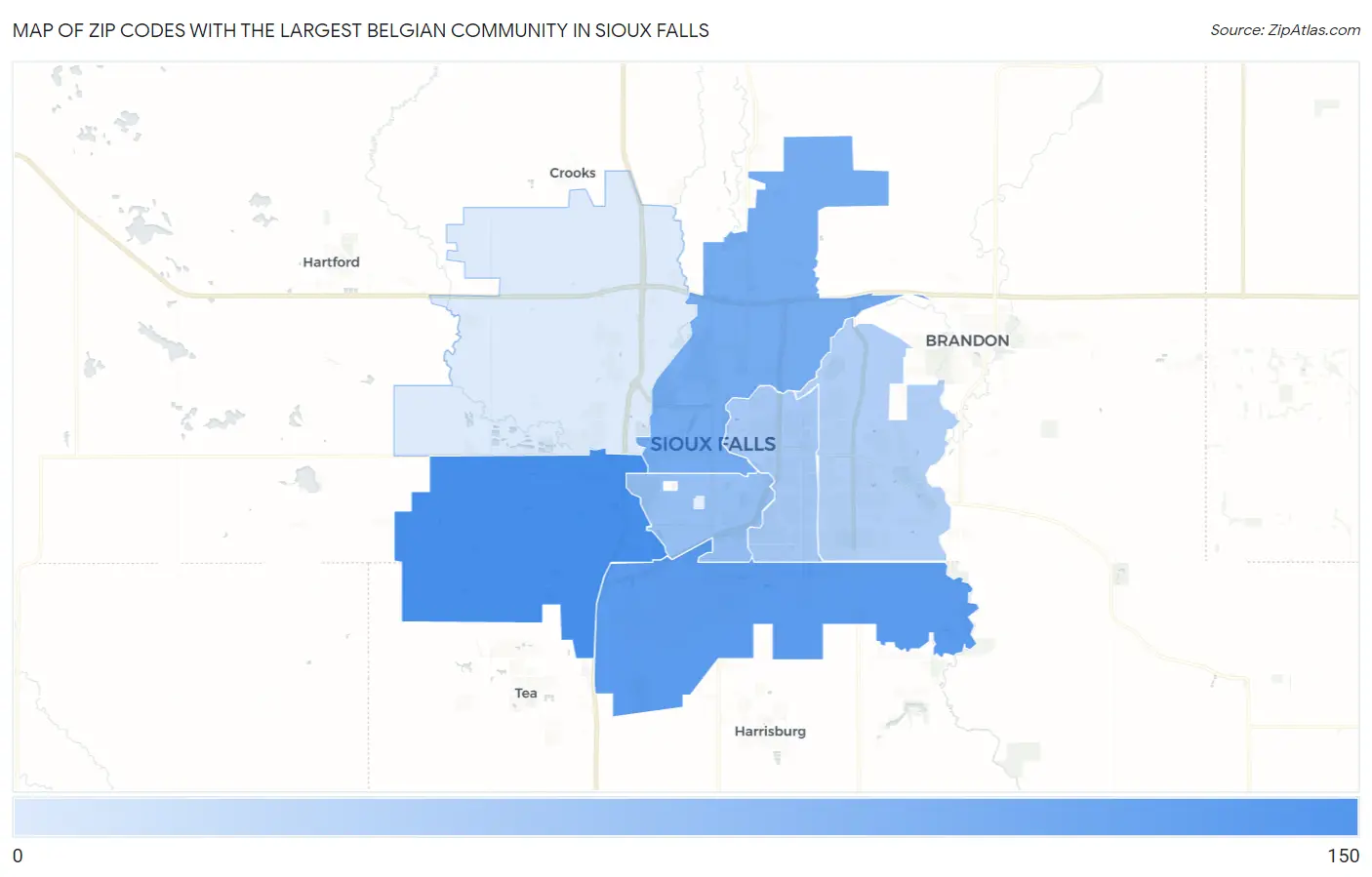 Zip Codes with the Largest Belgian Community in Sioux Falls Map