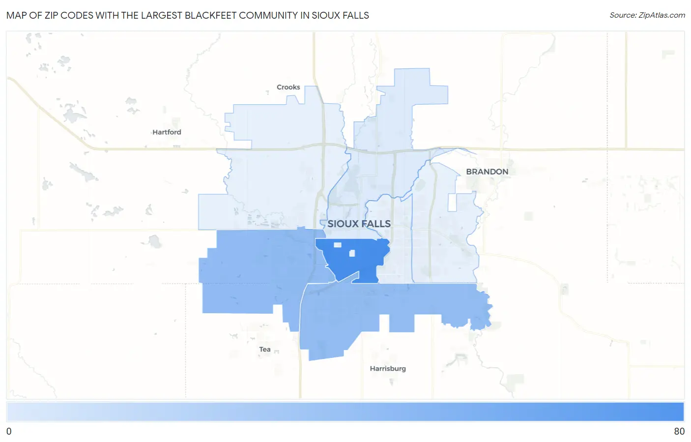 Zip Codes with the Largest Blackfeet Community in Sioux Falls Map