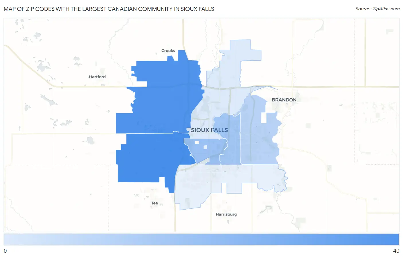 Zip Codes with the Largest Canadian Community in Sioux Falls Map