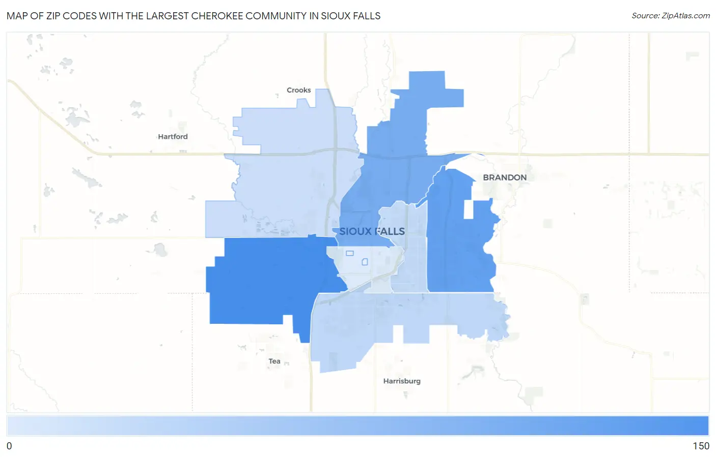 Zip Codes with the Largest Cherokee Community in Sioux Falls Map