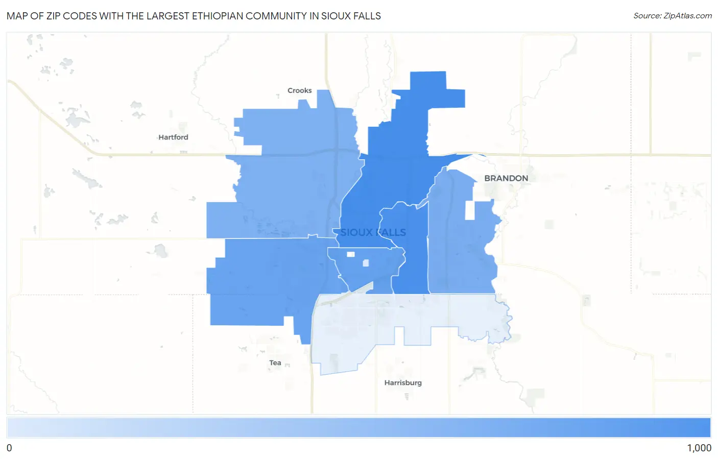 Zip Codes with the Largest Ethiopian Community in Sioux Falls Map