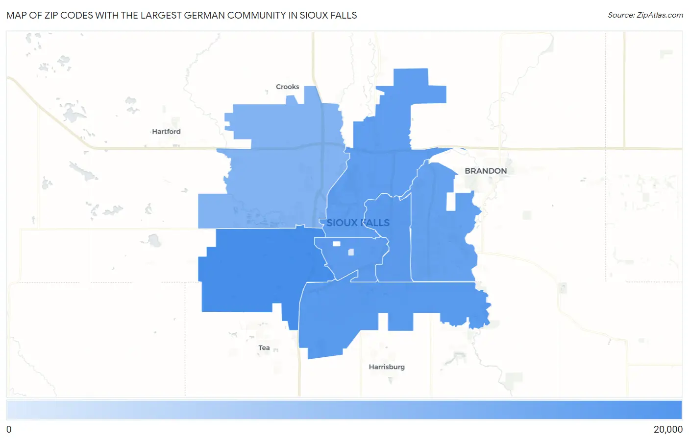 Zip Codes with the Largest German Community in Sioux Falls Map