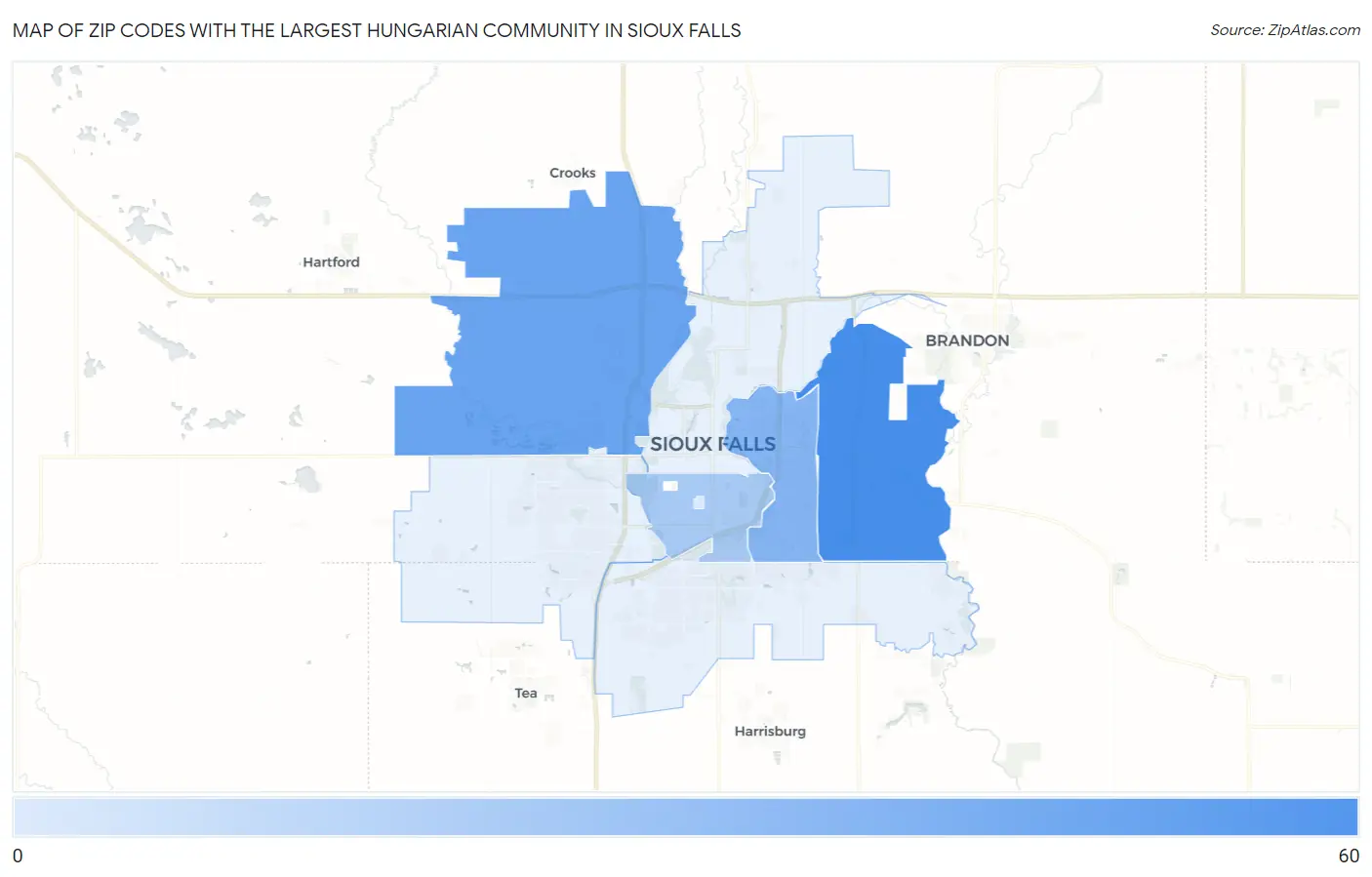 Zip Codes with the Largest Hungarian Community in Sioux Falls Map
