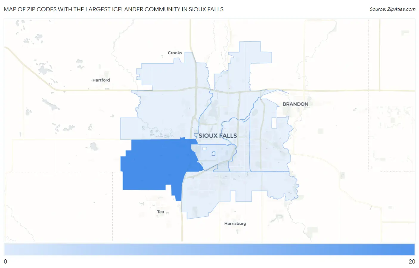 Zip Codes with the Largest Icelander Community in Sioux Falls Map
