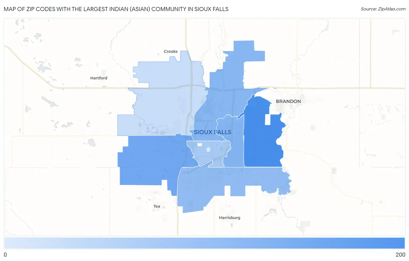 Zip Codes with the Largest Indian (Asian) Community in Sioux Falls Map