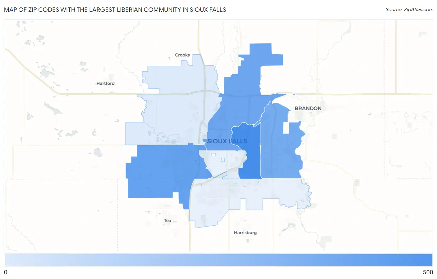 Zip Codes with the Largest Liberian Community in Sioux Falls Map