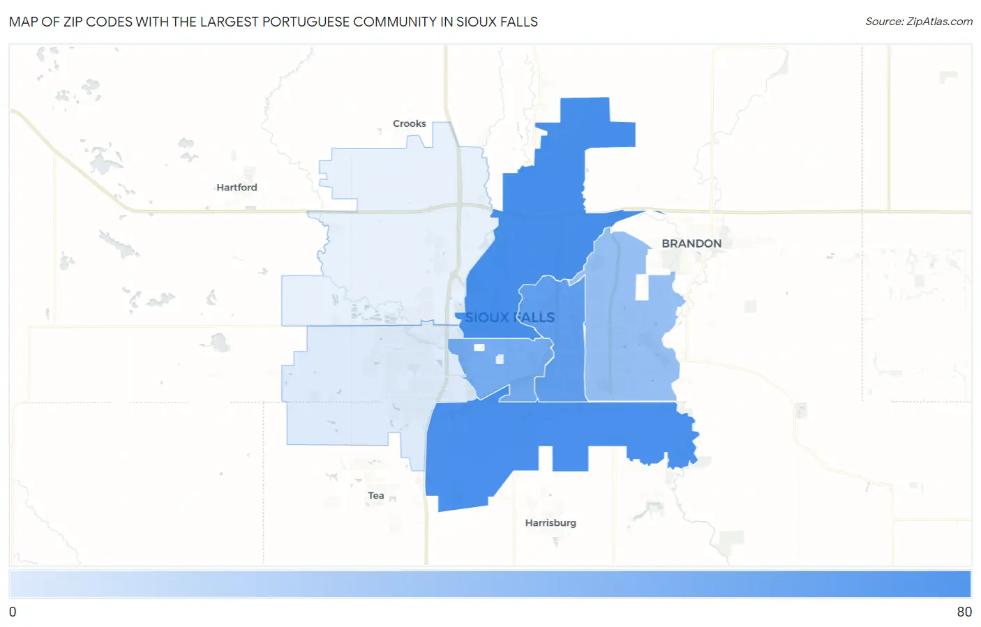Zip Codes with the Largest Portuguese Community in Sioux Falls Map