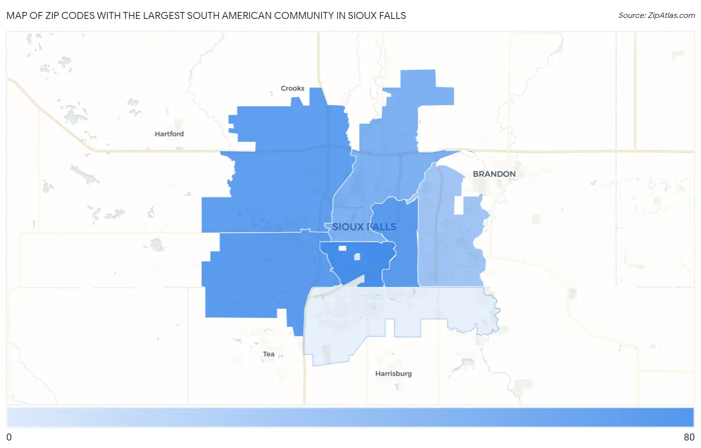 Zip Codes with the Largest South American Community in Sioux Falls Map
