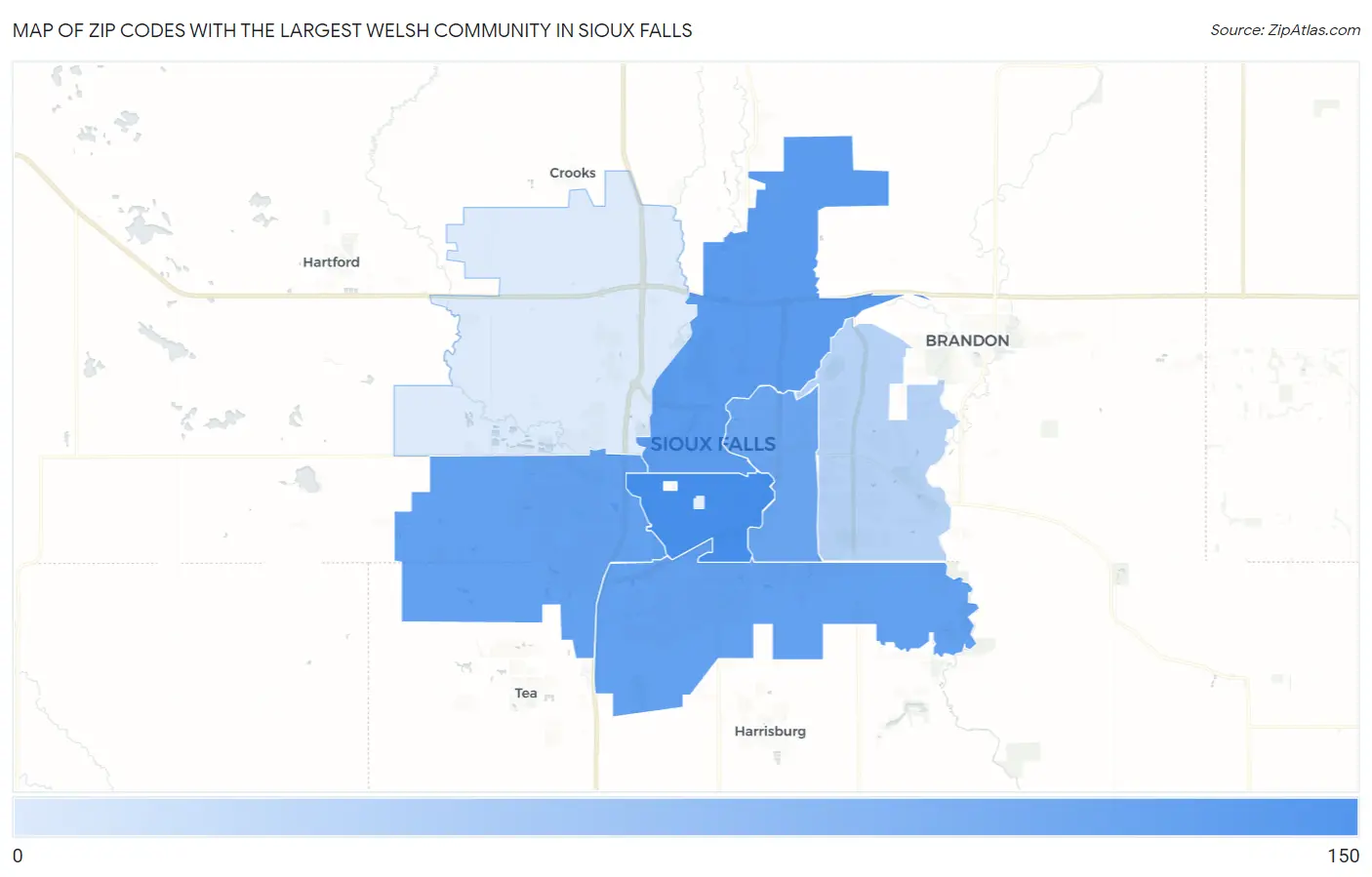 Zip Codes with the Largest Welsh Community in Sioux Falls Map