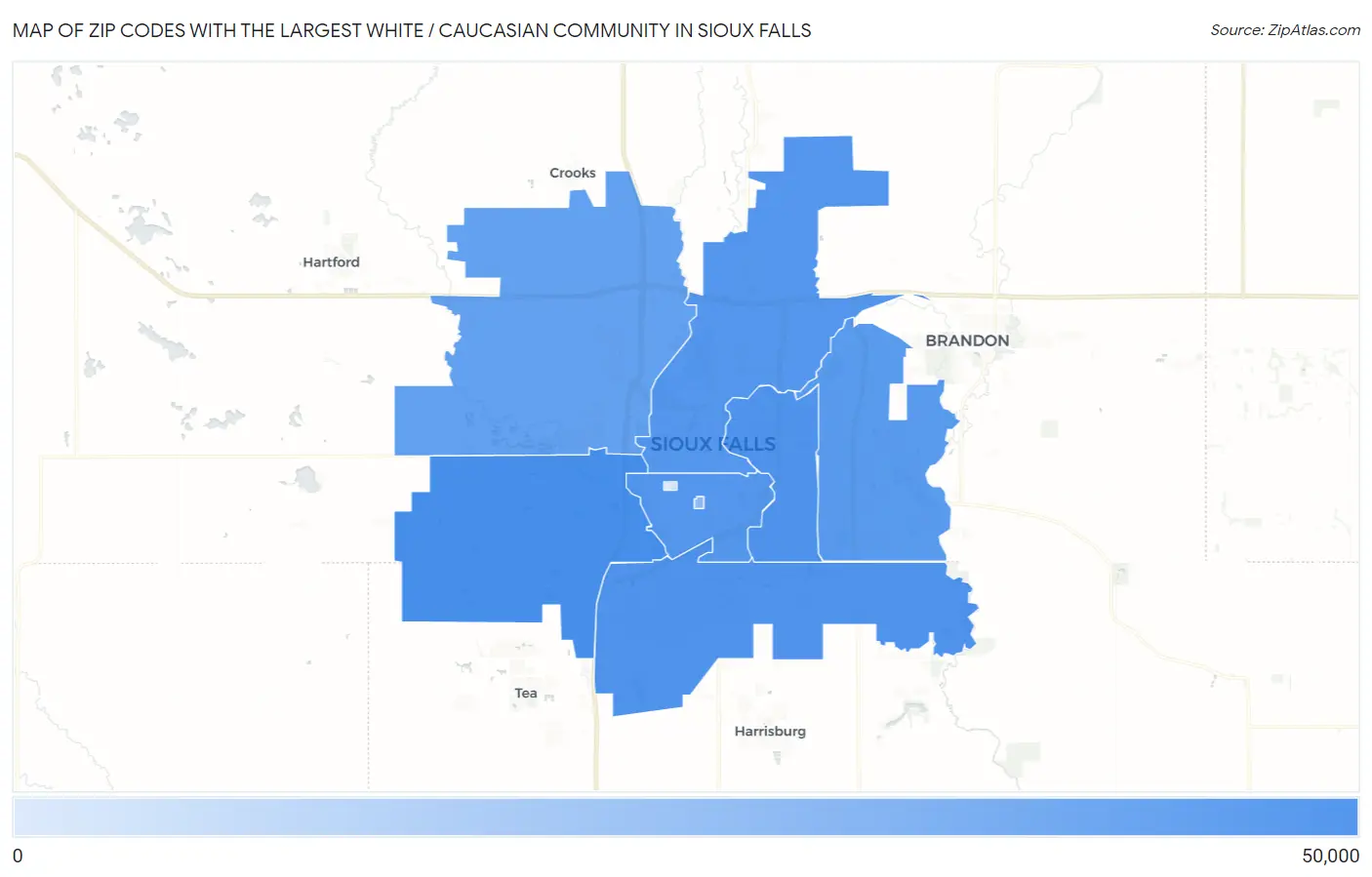 Zip Codes with the Largest White / Caucasian Community in Sioux Falls Map