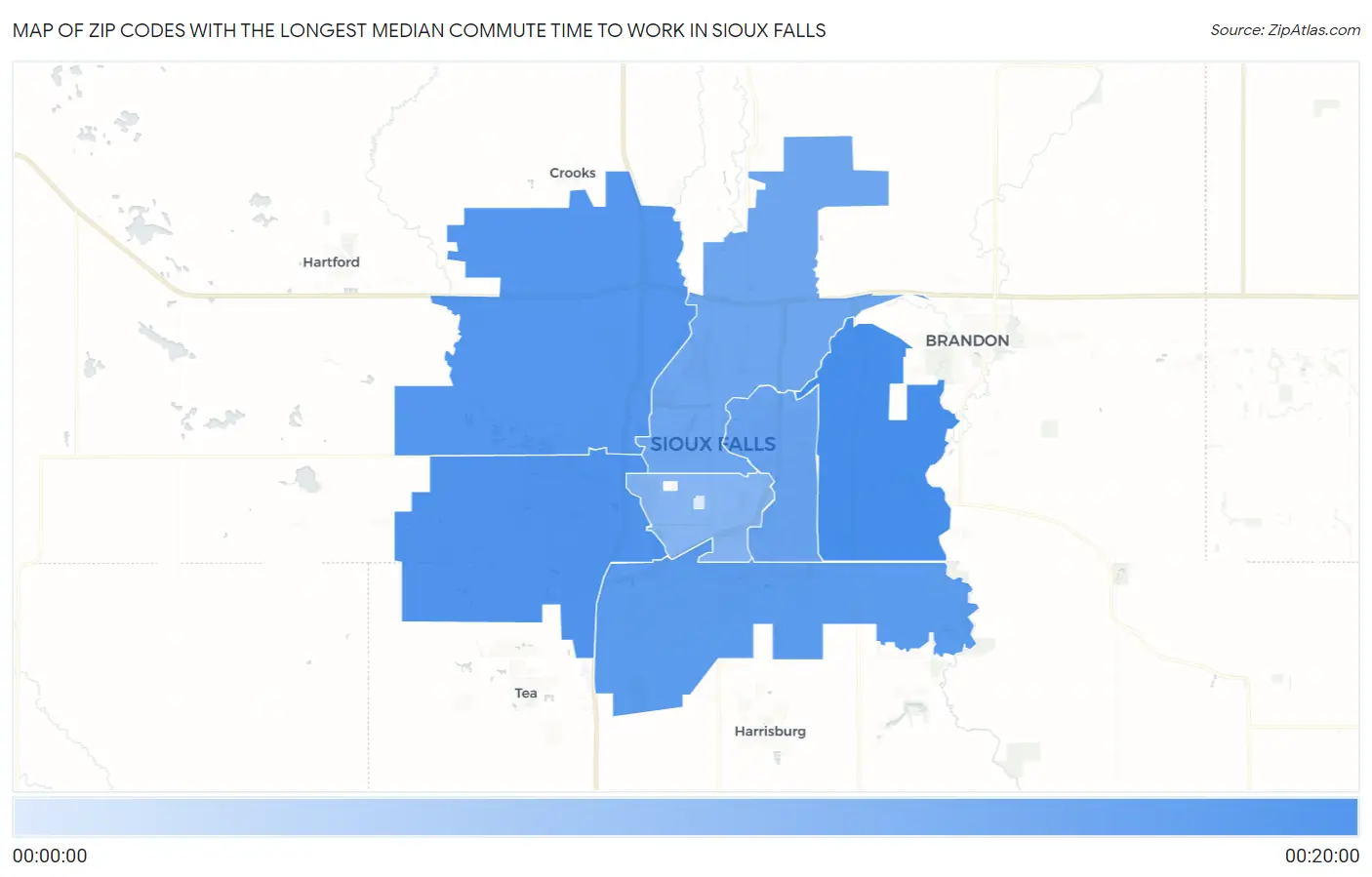 Zip Codes with the Longest Median Commute Time to Work in Sioux Falls Map