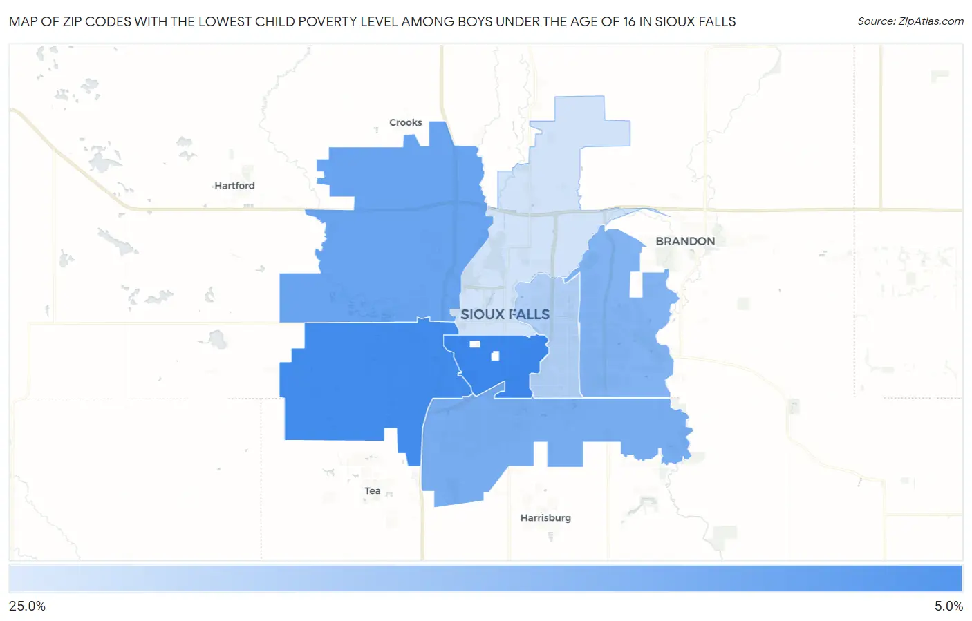 Zip Codes with the Lowest Child Poverty Level Among Boys Under the Age of 16 in Sioux Falls Map