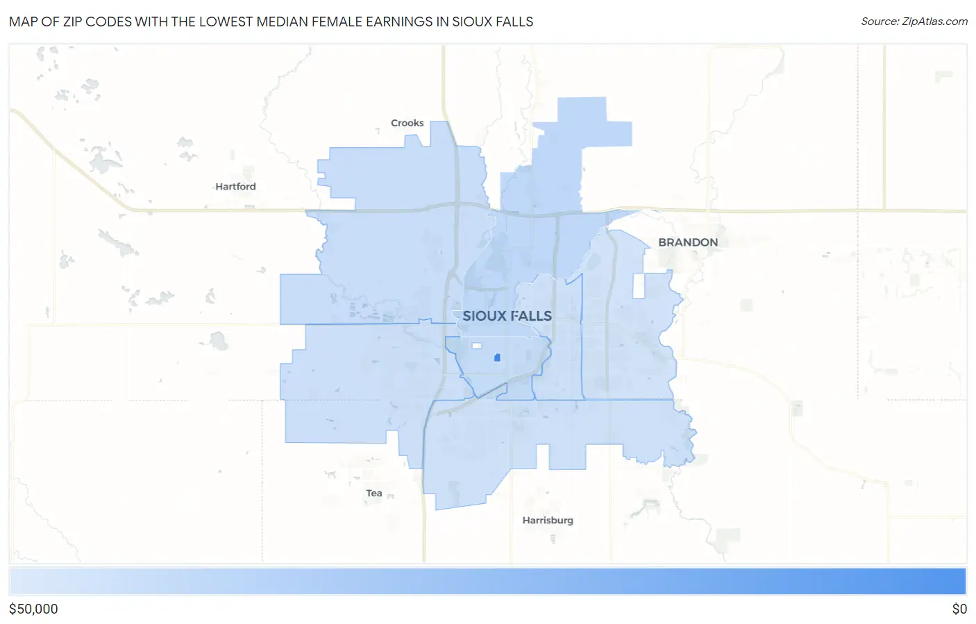 Zip Codes with the Lowest Median Female Earnings in Sioux Falls Map