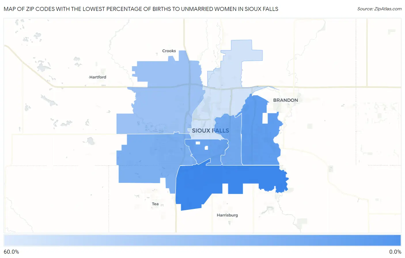 Zip Codes with the Lowest Percentage of Births to Unmarried Women in Sioux Falls Map