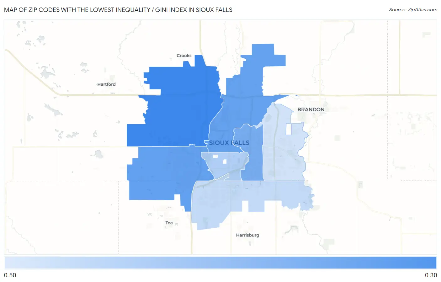Zip Codes with the Lowest Inequality / Gini Index in Sioux Falls Map