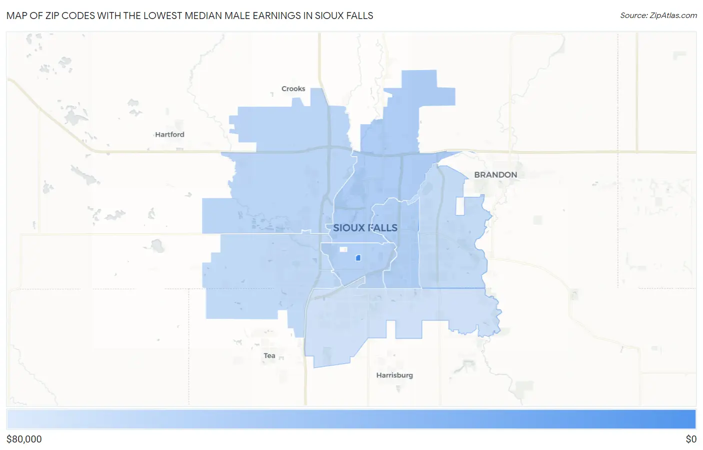 Zip Codes with the Lowest Median Male Earnings in Sioux Falls Map