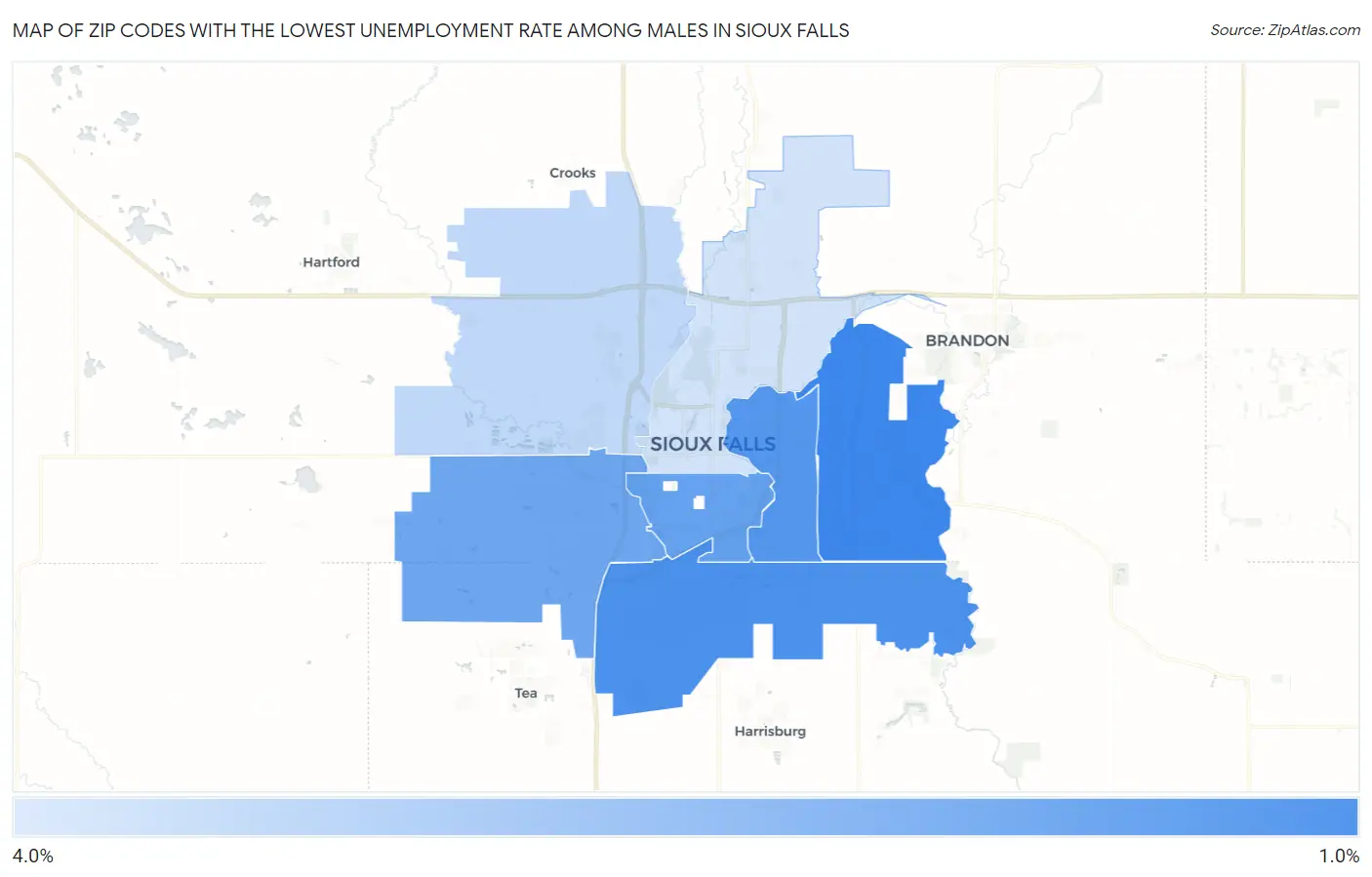 Zip Codes with the Lowest Unemployment Rate Among Males in Sioux Falls Map