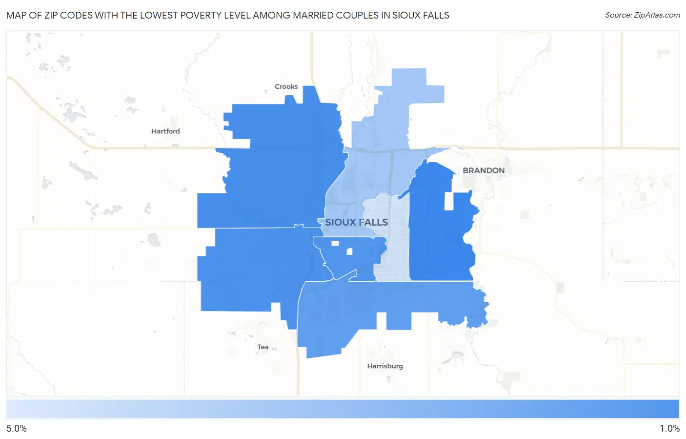 Zip Codes with the Lowest Poverty Level Among Married Couples in Sioux Falls Map